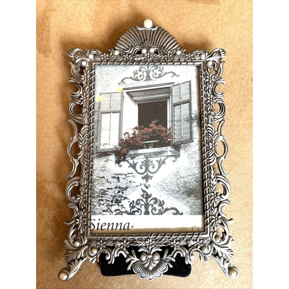 Sienna Art Nouveau Style Silver Metal 4x6 Picture Frame Pearl Accents
